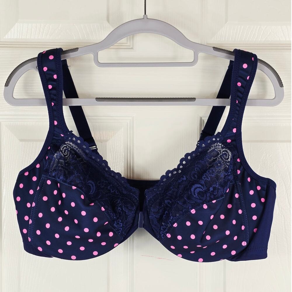 Glamorise Navy Blue Pink Poka Dots Underwire Front Closure Women's Bra 44B